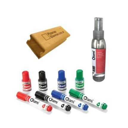 KIT DE MANTENIMIENTO CLASICO: 4 MARCADORES OLAMI-4 TINTAS OLAMI-LIQ LIMPIADOR-BORRADOR MADERA (NEGRO-AZUL-ROJO-VERDE)