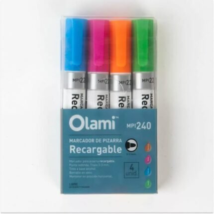 MARCADOR PARA PIZARRA OLAMI ESTUCHE X4 (CELESTE-ROSA-NARANJA-VERDE CLARO MODELOS MPI 220)